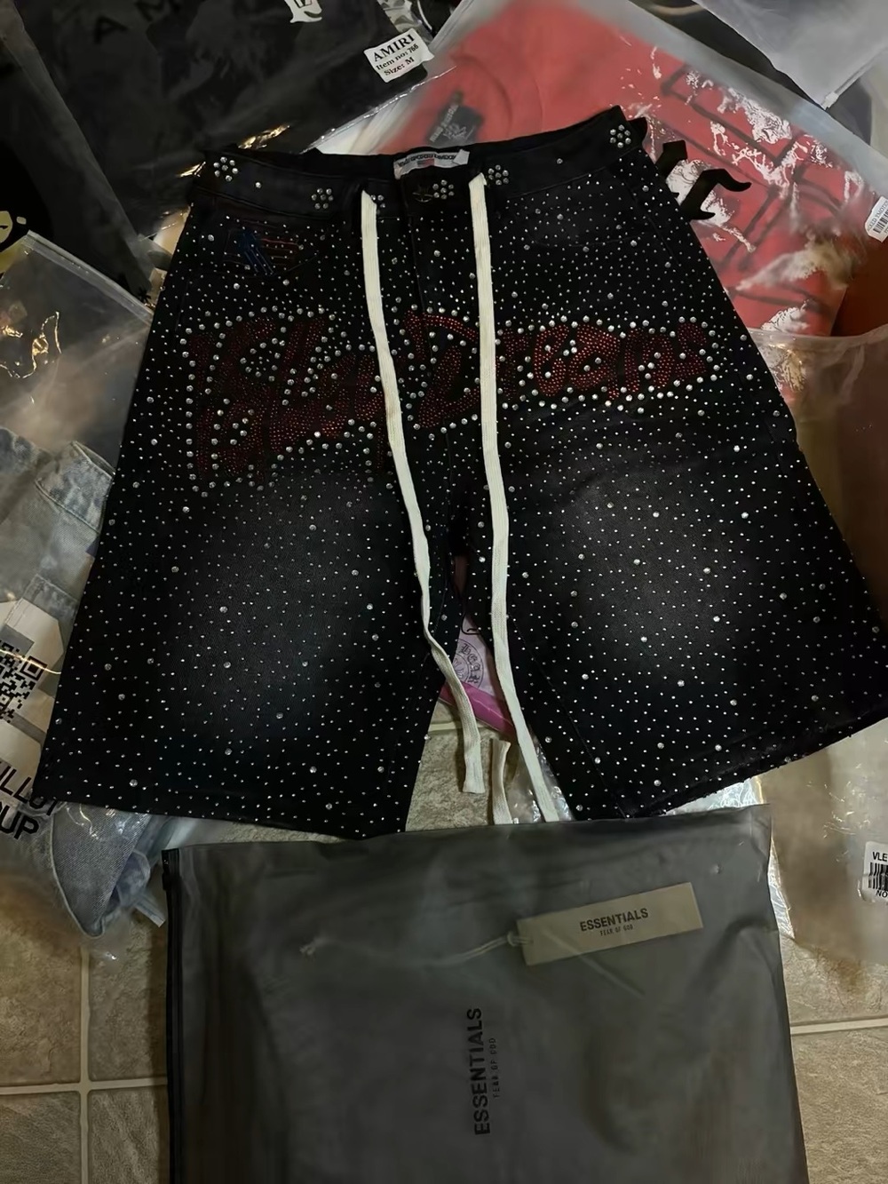 Black Embellished Drawstring Denim Mini